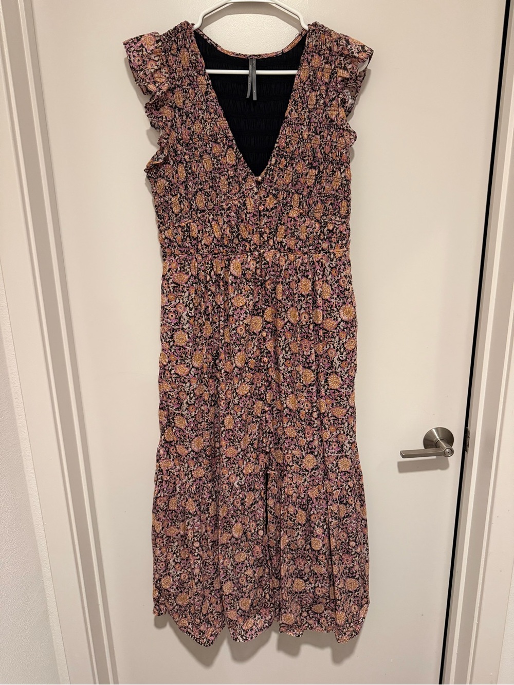 Anthropologie Pink and Mustard Floral V-Neck Ruffle Midi Dress